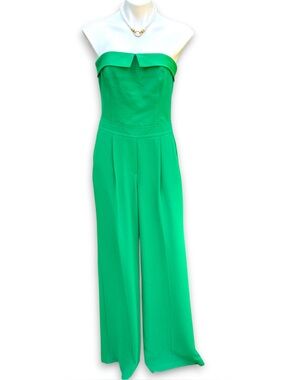 NWT Trina Turk Emerald Green Strapless Wide Leg Front Pocket Jumpsuit